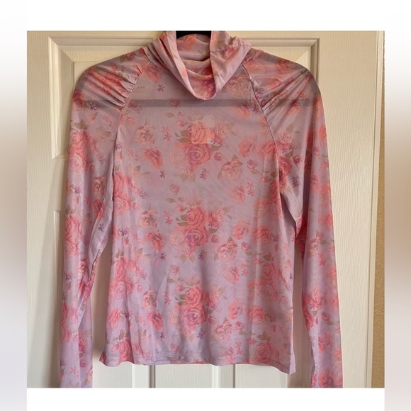 NWT Free People Semi Sheer Top Turtleneck Floral Sexy! Purple Pink Soft Rare - Picture 2 of 8